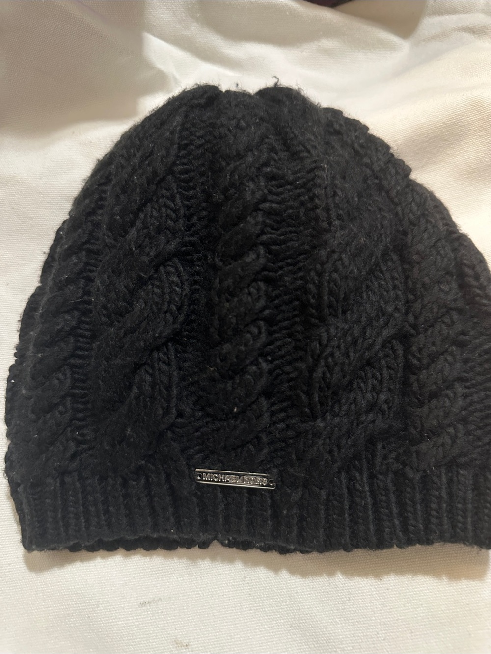 Michael Kors Black Cable-Knit Logo Beanie